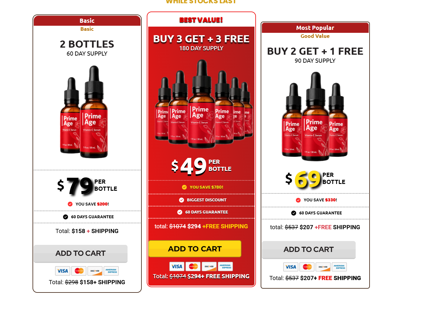 Prime Age offer options: 2 bottles, buy 3 get 3 free, and buy 2 get 1 free